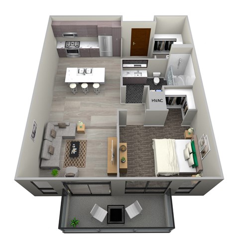 Floor plan for 1 bed, 1 bath, 730 sqft
